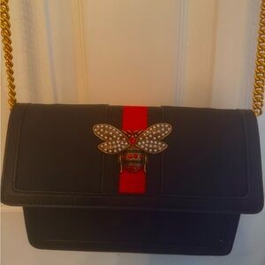 Marmi Black Designer Shoulder Bag with Bee and Gold Chain